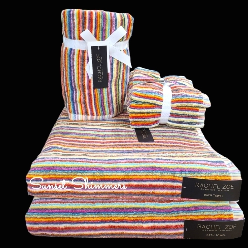 8pc Rachel Zoe Cotton Rainbow Striped Multicolored Bath Hand Washcloth Towel Set - Picture 9 of 9